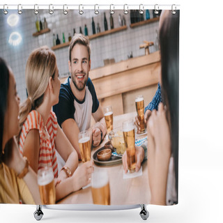 Personality  Cheerful Friends Talking While Spending Time In Pub Together Shower Curtains