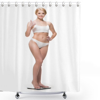 Personality  Attractive Happy Slim Girl In Underwear Standing On Scales And Showing Thumb Up Isolated On White Shower Curtains