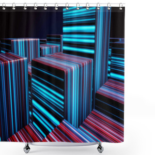 Personality  Cubes In Neon Lines. Abstract Bright Neon Cubes. Abstract Animation With Moving Cubic Figures In Space On Dark Background Shower Curtains