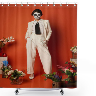 Personality  Woman In Skull Makeup And White Suit Near Traditional Dia De Los Muertos Ofrenda With Flowers On Red Shower Curtains