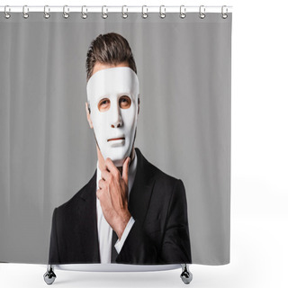 Personality  Mysterious Businessman In White Mask Isolated On Grey Shower Curtains