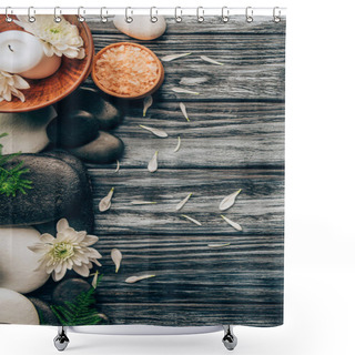 Personality  Flat Lay With Spa And Massage Treatment Arrangement With Pebbles, Salt And Chrysanthemum Flowers On Wooden Background Shower Curtains