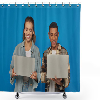 Personality  Happy Interracial Freelancers Using Laptops On Blue Backdrop, Diverse Cultures Man And Woman Shower Curtains