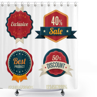 Personality  Vintage Labels Template Set. Sale, Discount Theme. Retro Logo Template Design. Extra High Quality. 3D Vector. Beveled Numbers Included! Shower Curtains