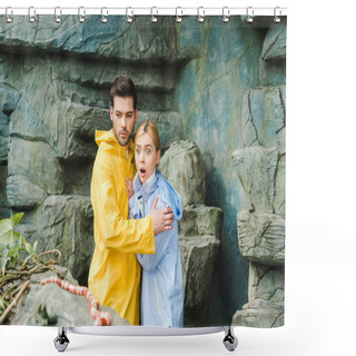 Personality  Emotional Young Couple In Raincoats Terrified Of Snake Shower Curtains