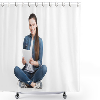 Personality  Beautiful Cheerful Girl Using Tablet, Isolated On White Shower Curtains