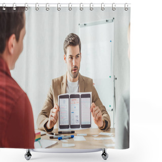 Personality  Selective Focus Of Designer Showing Layout Of Mobile Web Prototype To Colleagues In Office Shower Curtains
