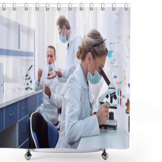 Personality  Chemist Doing Microscope Analysis Shower Curtains