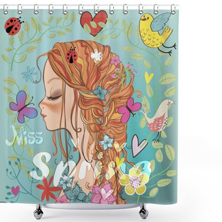 Personality  Profile Of Beautiful Young Woman On The Spring Background Shower Curtains