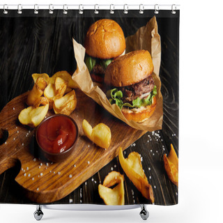Personality  Tempting Fast Food Diner With Burgers And Potatoes With Sauce On Cutting Board Shower Curtains