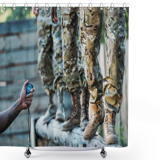 Personality  Partial View Of Tactical Instructor With Stop Watch Examining Multiracial Soldiers During Obstacle Run On Range Shower Curtains