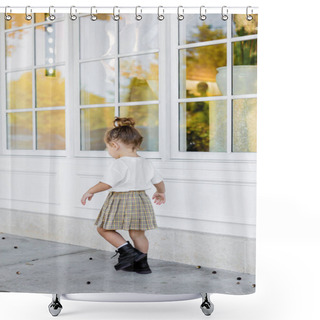 Personality  Full Length Of Toddler Girl In Skirt And White T-shirt Walking Near House  Shower Curtains