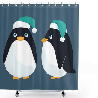Personality  Funny Cartoon Penguins In The Caps From The Front And Profile, Hand-drawn. Vector Illustration Shower Curtains