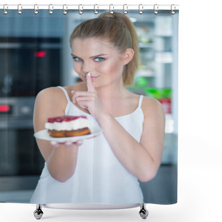 Personality  Guilty Young Woman Preparing To Eat A Cake Shower Curtains