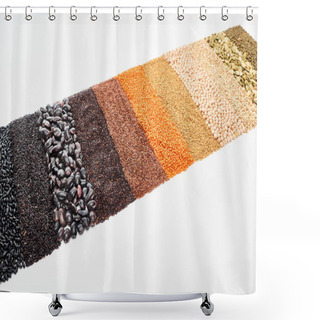 Personality  Black Beans, Rice, Quinoa, Chickpea, Pumpkin Seeds, Buckwheat, Maash And Red Lentil Isolated On White Shower Curtains