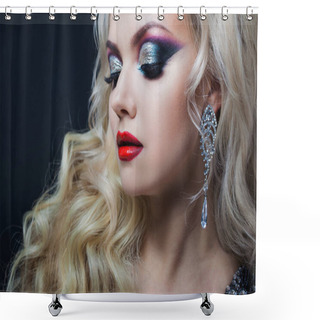 Personality  Portrait Of A Young Luxurious Blonde With Long Curls. Shower Curtains