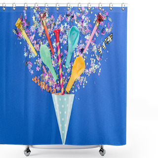 Personality  Top View Of Party Colorful Decoration On Blue Background, Surprise Concept Shower Curtains