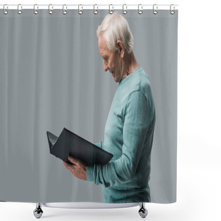 Personality  Happy Retired Man With Grey Hair Looking At Photo Album Isolated On Grey  Shower Curtains