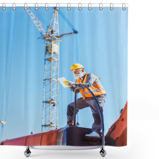 Personality  Construction Worker Using Digital Tablet Shower Curtains