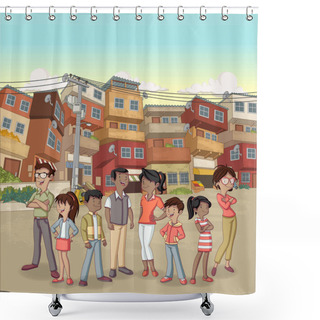 Personality  Street Of Poor Neighborhood With Cartoon Happy Black People Shower Curtains