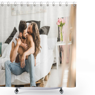 Personality  Young Couple Hugging While Sitting In Bed And Looking At Each Other Shower Curtains
