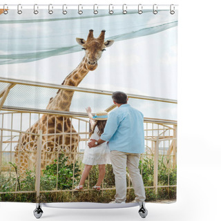 Personality  Back View Of Father And Daughter In Straw Hat Standing Near Fence And Giraffe In Zoo  Shower Curtains