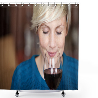 Personality  Female Customer Drinking Red Wine With Eyes Closed Shower Curtains