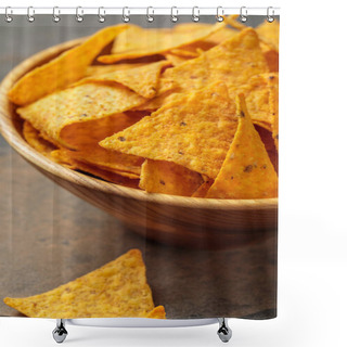 Personality  Close Up View Of Mexican Nachos In Wooden Bowl On Stone Table Shower Curtains