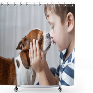 Personality  Preschool Cute Caucasian Boy Kiss With Chihuahua Dog. Holding Face Close Up. Shower Curtains