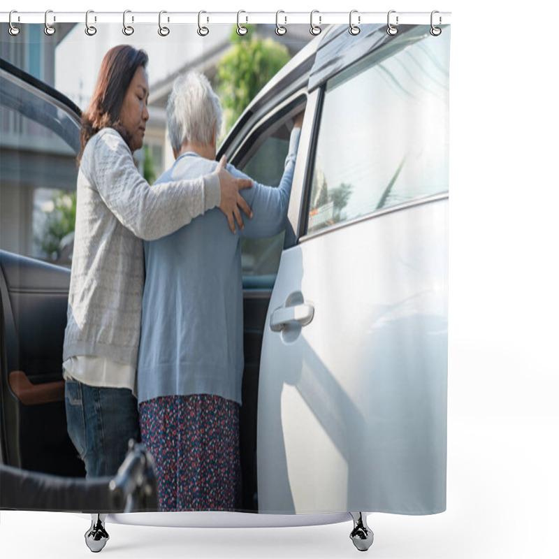 Personality  Asian Senior Or Elderly Old Lady Woman Patient Sitting On Wheelchair Prepare Get To Her Car, Healthy Strong Medical Concept. Shower Curtains