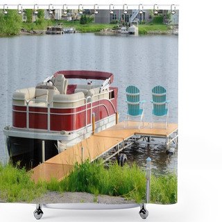Personality  Pontoon Boat Tied To A Dock Shower Curtains
