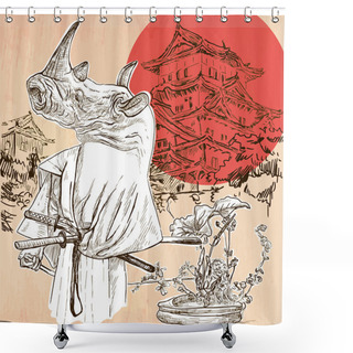 Personality  Japan. Samurai Rhino. An Hand Drawn Vector Picture. Line Art Ill Shower Curtains
