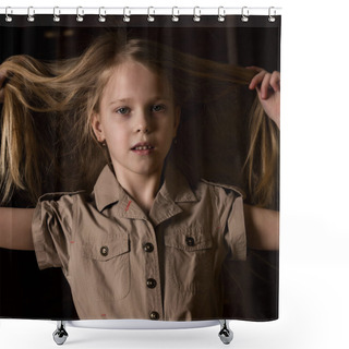 Personality  Funny Lovely Little Blonde Child With Different Emotions On A Dark Background. Beautiful Schoolgirl Holding Herself Hair Shower Curtains