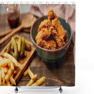 Personality  Selective Focus Of Delicious Chicken Nuggets, French Fries And Gherkins On Wooden Table Shower Curtains
