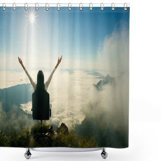 Personality  Young Woman Sits On A Chair And Open Her Arms At The Top Of The  Shower Curtains