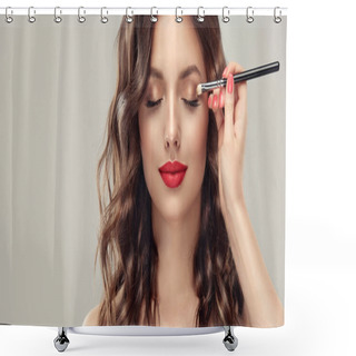 Personality  Makeup Artist Applies Eye Shadow . Beautiful Woman Face. Hand Of Visagiste, Painting Cosmetics Of Young Beauty Model Girl . Make Up In Process Shower Curtains