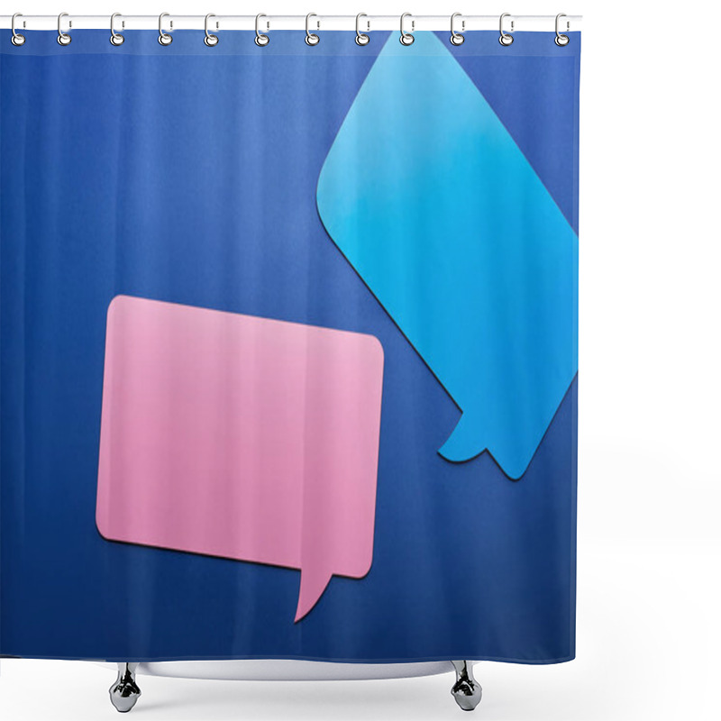 Personality  Top View Of Empty Blue And Pink Speech Bubbles On Blue Background Shower Curtains