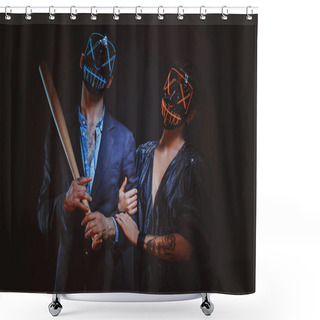 Personality  Portrait Of Crazy Couple In Masks With Bat Shower Curtains