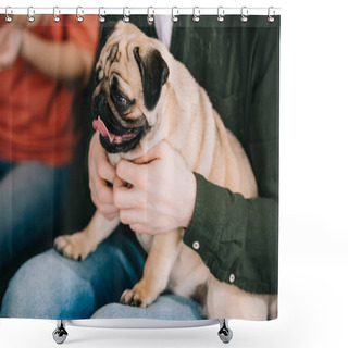 Personality  Selective Focus Of Cute Pug Dog In Hands Of Man Sitting Near Woman  Shower Curtains