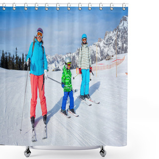 Personality  Two Kids With Mother Enjoying Winter Vacations. Shower Curtains