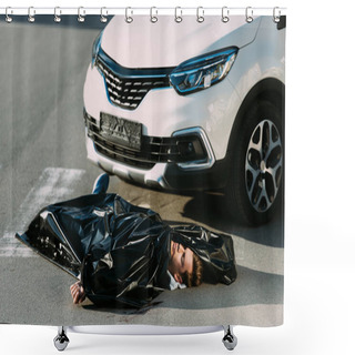 Personality  High Angle View Of Dead Body And Car On Road After Traffic Collision  Shower Curtains