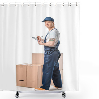 Personality  Mover In Uniform Writing In Clipboard Near Cardboard Boxes Isolated On White Shower Curtains