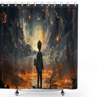 Personality  Boy Standing On The Opened Book And Looking At Other Books Floating In The Air, Digital Art Style, Illustration Painting Shower Curtains