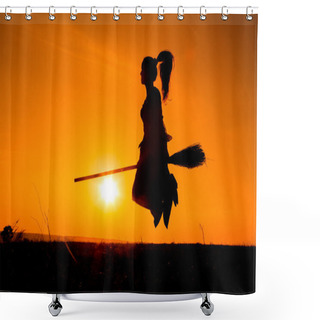 Personality  Silhouette Of Young Witch Flying On The Broomstick Shower Curtains