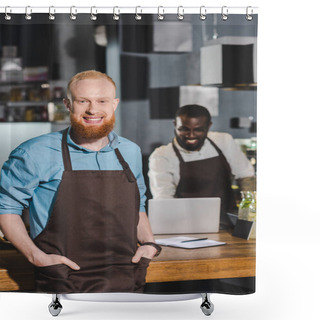 Personality  Smiling Young Male Barista In Apron With Colleague In Coffee Shop  Shower Curtains