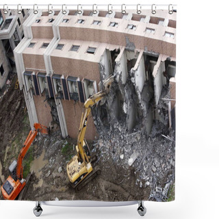 Personality  Excavators Are Seen Dismantling The Toppled Apartment Building At The Construction Site Of The Lotus Riverside Apartment Complex In Minhang District, Shanghai, China, Wednesday, 5 August 2009 Shower Curtains