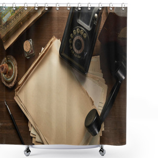 Personality  Top View Of Vintage Paper, Painting, Fountain Pen, Candle And Dial Phone On Wooden Table Shower Curtains