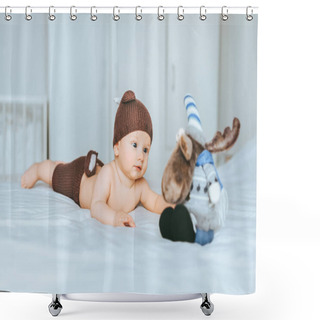 Personality  Infant Child In Knitted Deer Shorts And Hat Playing With Toy Moose In Bed Shower Curtains