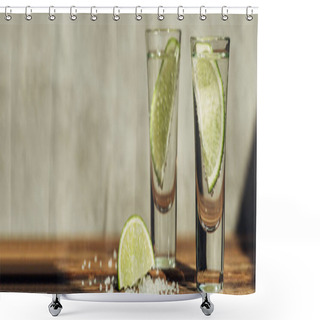 Personality  Fresh Tequila With Lime And Salt On Wooden Surface In Sunlight, Panoramic Shot Shower Curtains