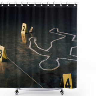 Personality  Selective Focus Of Chalk Outline And Evidence Markers At Crime Scene Shower Curtains